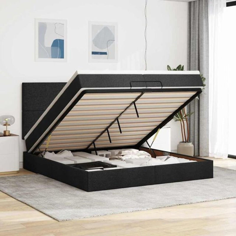 vidaxl Ottoman Polsterbett mit Matratzen und LED in Schwarz aus Stoff, B/T: 200 x 200 cm - Bild 1