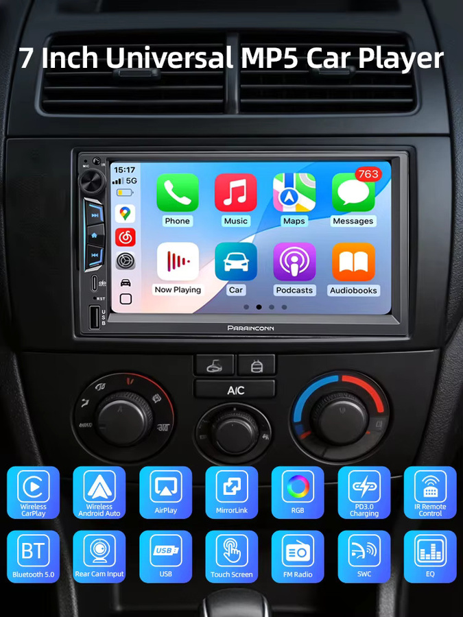 Grandnavi 2DIN 7-Zoll Autoradio MP5-Player mit Bluetooth, kabellosem CarPlay, Android Auto und Mirrorlink in Schwarz - Bild 7