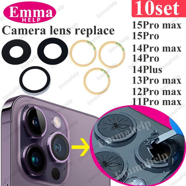EmmaHelp 10er-Set Rückkameraglas Ersatz-Set für iPhone 15 14 13 12 11 Pro Max XR X XS SE 7 8 Objektivabdeckung Aufkleber - Bild 1
