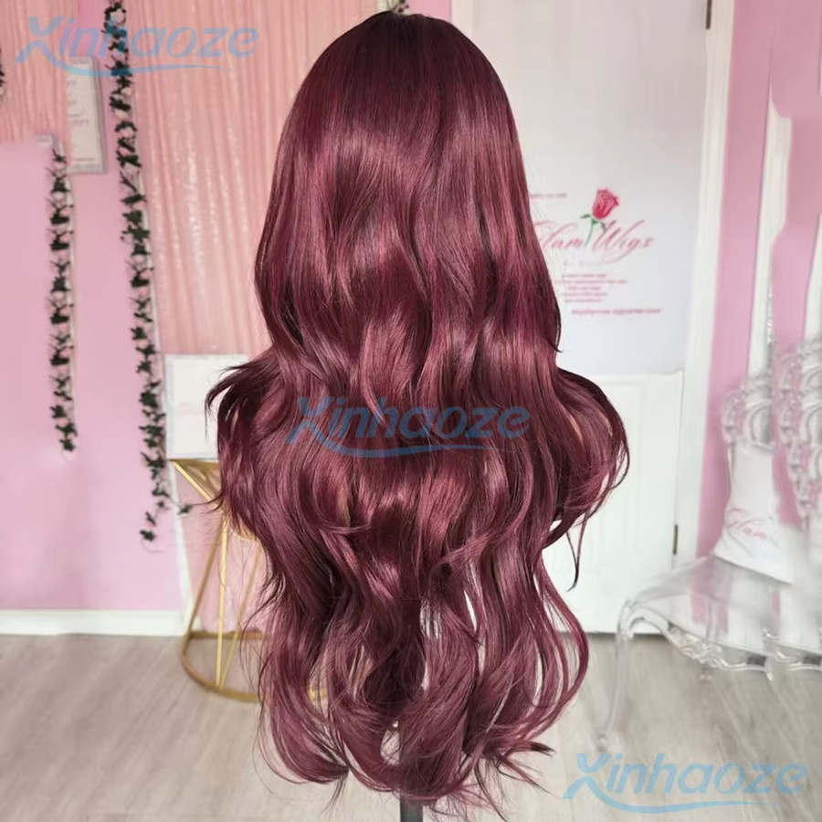 XINHAOZE Lace Front Perücke Echthaar, Burgund, Körperwelle, Unisex - Bild 2