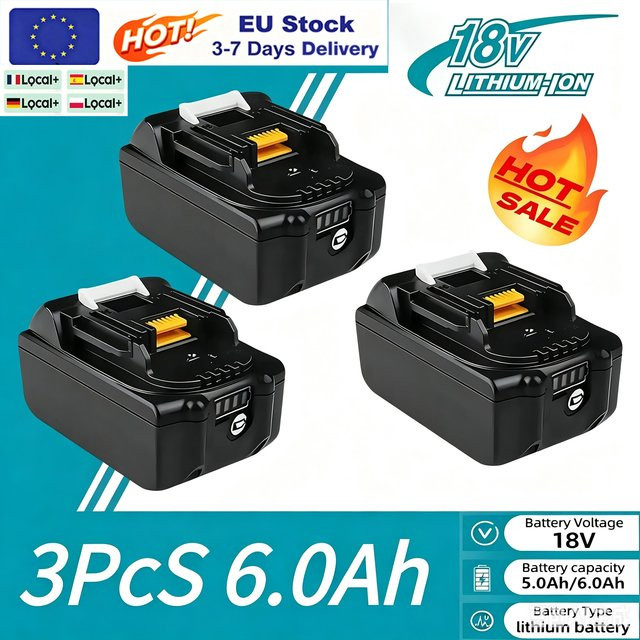 Ersatz-Lithium-Ionen-Akku für Makita 18V mit 6Ah, Farbe Schwarz, kompatibel mit BL1830B BL1850B BL1850 BL1840 BL1860 BL1815 - Bild 1