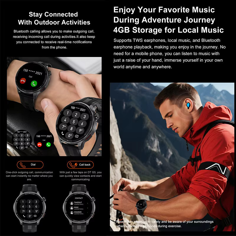 yaocx Smartwatch, GPS, Beleuchtung, 3 ATM, Silikon, Herren, Schwarz - Bild 5