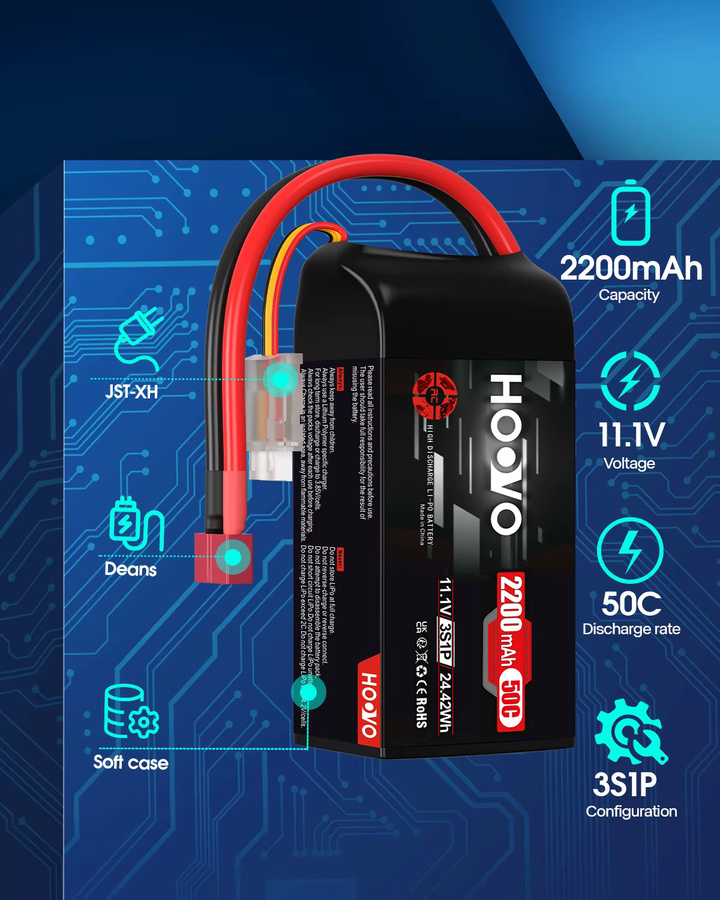 2er-Set HOOVO LiPo Akku 3S 11,1 V mit 2200 mAh und 50C, Softcase Kurze Batterie mit T-Stecker für RC Auto, Hubschrauber und Flugzeug, Schwarz - Bild 2