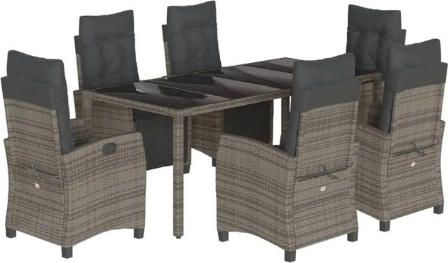 vidaXL 7-teilige Garten-Essgruppe aus Poly-Rattan mit Kissen in Grau und Tisch mit Hartglasoberfläche - Bild 1
