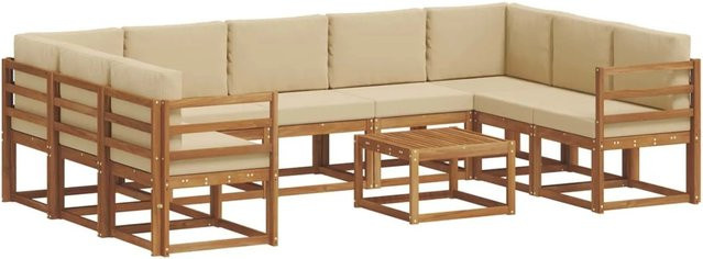 vidaXL Outdoor-Sofagarnitur aus Akazienholz mit Kissen, 10-teilig, Natur und Beige - Bild 1