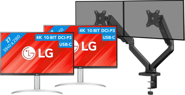 LG 27UP850K-W.AEU Doppelpack 4K UHD Monitore mit BlueBuilt Monitorhalterung und mechanischer Feder für 2 Monitore in Weiß und Schwarz - Bild 1