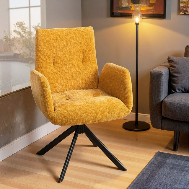 HOMCOM Drehbarer Loungesessel mit Armlehnen in Wolle-Leinenoptik, moderner Polsterstuhl mit Knopfheftung und Stahlbeinen für Wohnzimmer und Schlafzimmer, Schwarz Cremeweiß Gelb - Bild 1