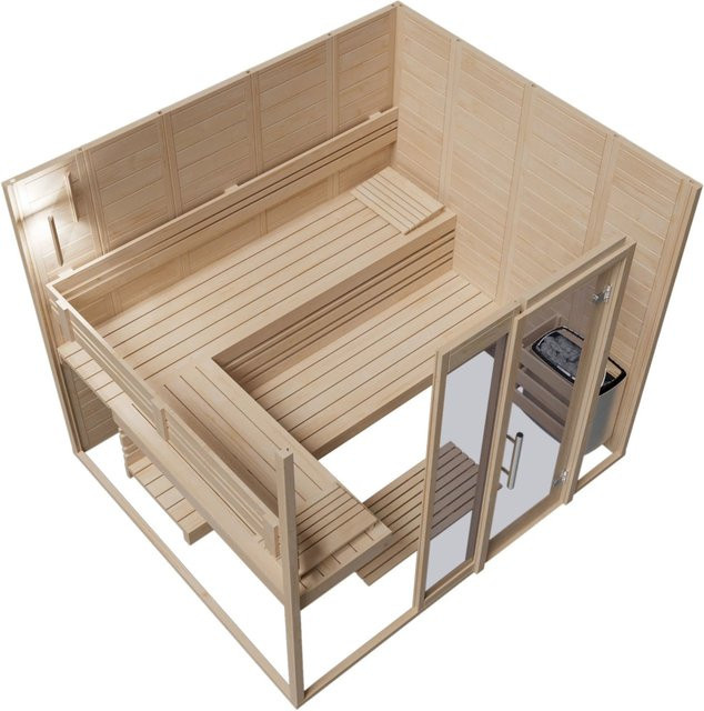 Eilo Sauna EL-BE 40-2121 Elementbauweise aus unbehandeltem Weichholz mit Glastür und Seitenteil - Bild 1