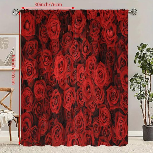 2er-Set bedruckte Vorhänge mit Rosen-Motiv in Schwarz und Rot aus Polyester, semi-transparent, Breite: 76 cm, Höhe: 165 cm - Bild 1