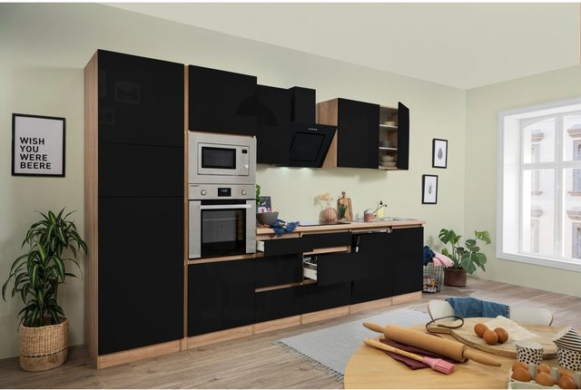 Respekta Premium Küchenzeile modern in Schwarz Hochglanz und Eiche Sonoma, B/H/T: 345 x 220,5 x 60 cm - Bild 1