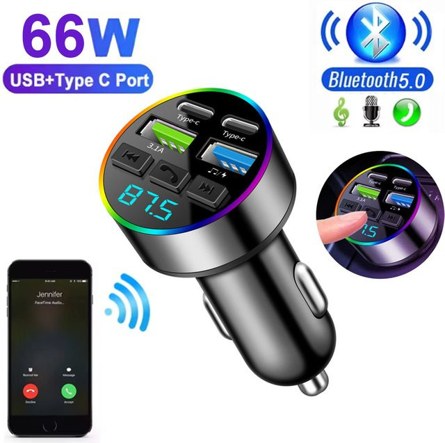 Kebidumei Bluetooth FM Transmitter mit Digitalanzeige, Dual USB und Typ C, Multifunktionaler Autoladegerät und MP3-Player, Schwarz - Bild 1