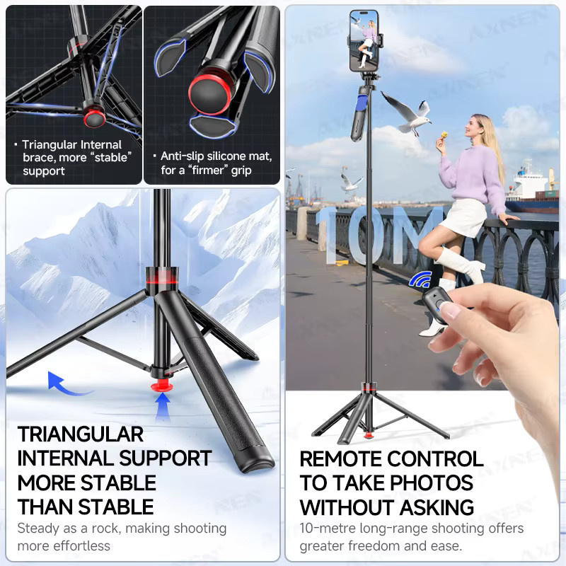 Axnen Automatischer Handyhalter mit Stativ und Selfie-Stick in Schwarz, 130 cm ausziehbar, 360 Grad drehbar mit kabelloser Fernbedienung - Bild 3