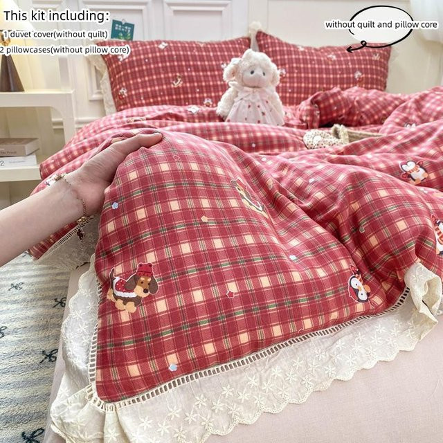3-teiliges Bettwäscheset Bin Chi Textiles aus Polyester mit Spitze in Rot und Pink, kariertes Design, B/H: 135 x 200 cm - Bild 1