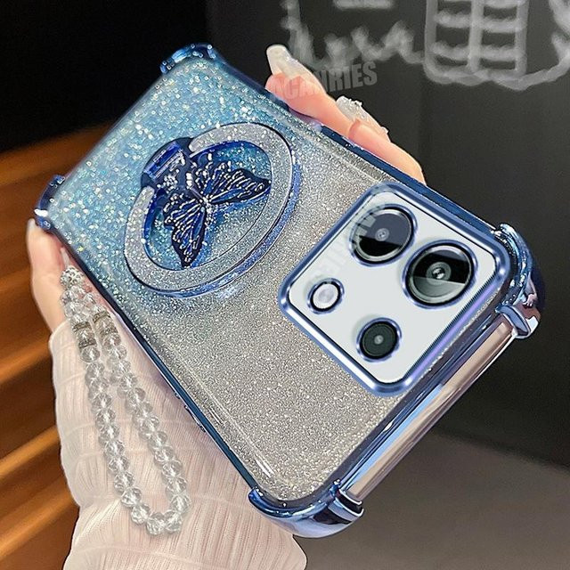 Schmetterlingshalter Lanyard Kette Silikon Hülle für Xiaomi Redmi Note 13 Pro 4G 5G und Poco X6 Pro 5G Stoßfest mit Ständer in Transparent und Blau - Bild 1