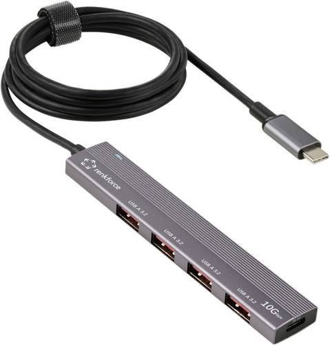 Renkforce RF-6700798 USB-Hub mit 4 USB-A Ports, USB 3.2 Gen2 10 GBit/s, USB-C Stecker und Power Delivery, Aluminiumgehäuse, Silber/Grau - Bild 1