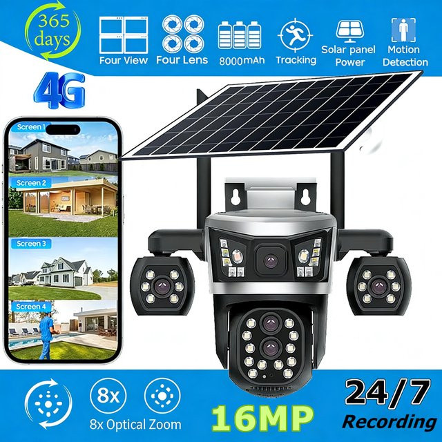 V380 4G Solar-Sicherheitskamera für Außenbereich mit 4 Linsen, 8-fachem optischem Zoom und 360° PTZ Überwachung inklusive Menschenerkennung und 24-Stunden-Aufzeichnung - Bild 1