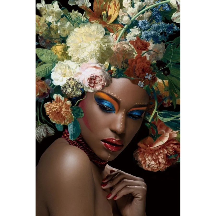 Art Universe Glasbild Schönheit mit Blumenschmuck in Blau und Multicolour, B: 80 cm, H: 120 cm - Bild 2