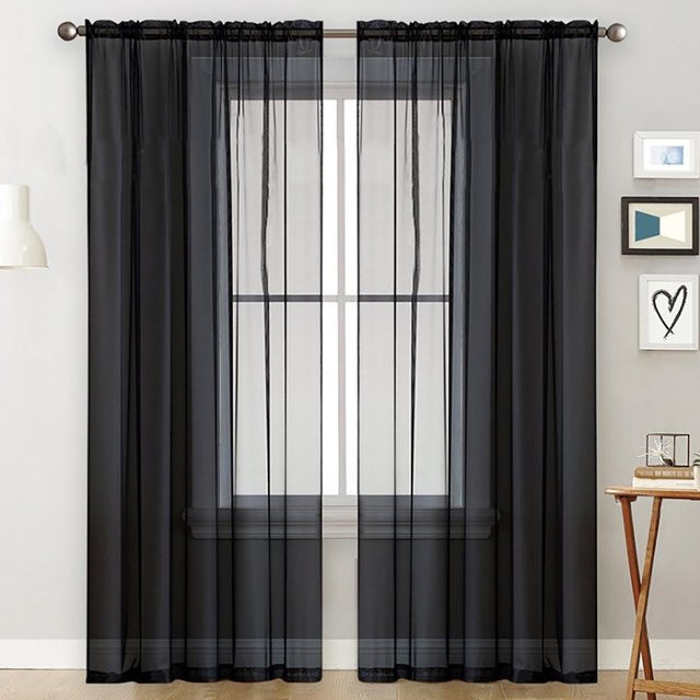 Koogeelife Transparente Voile-Vorhänge mit Stangentasche, halbdurchsichtig, Grün und Schwarz, Breite: 99 cm, Höhe: 249 cm - Bild 1