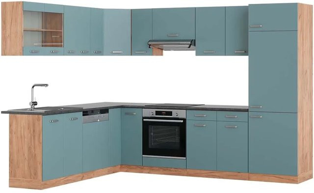 Vicco R-Line Eckküche modern in Blau-Grau, Goldkraft Eiche und Anthrazit, B/T/H: 227 x 287 x 207 cm - Bild 1
