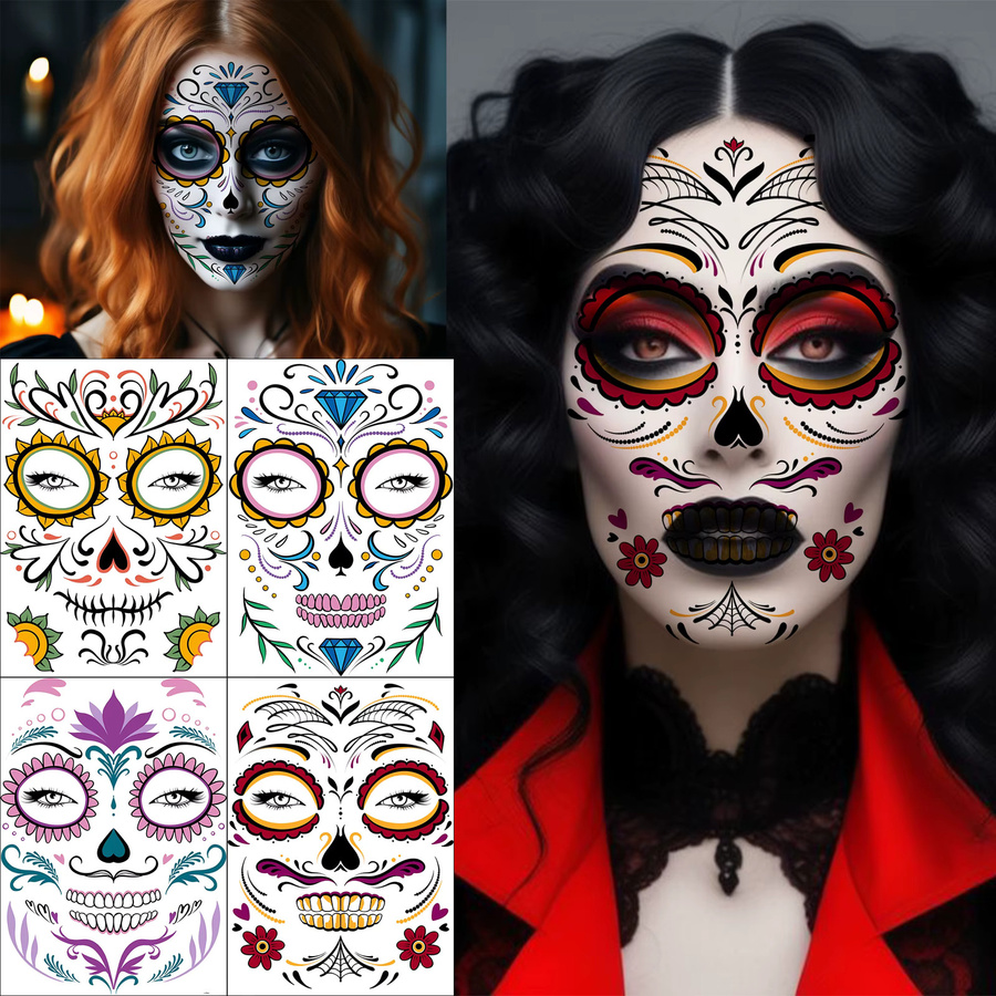 GoldOcean Temporäre Tattoo-Aufkleber, 4 Blatt, Zuckerschädel-Gesicht - Bild 1