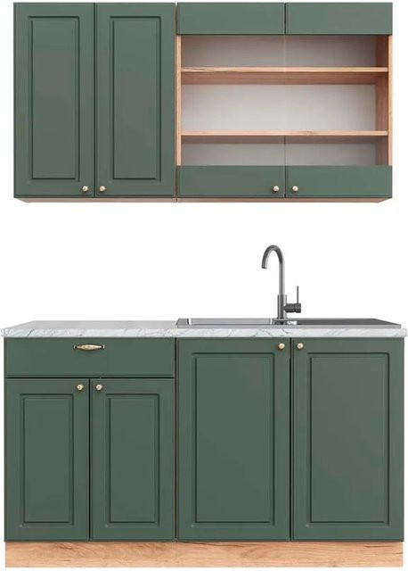 Vicco Fame-Line Singleküche im Landhausstil in Grün-Gold mit Eiche-Optik und Marmor-Arbeitsplatte, B: 140 cm - Bild 1