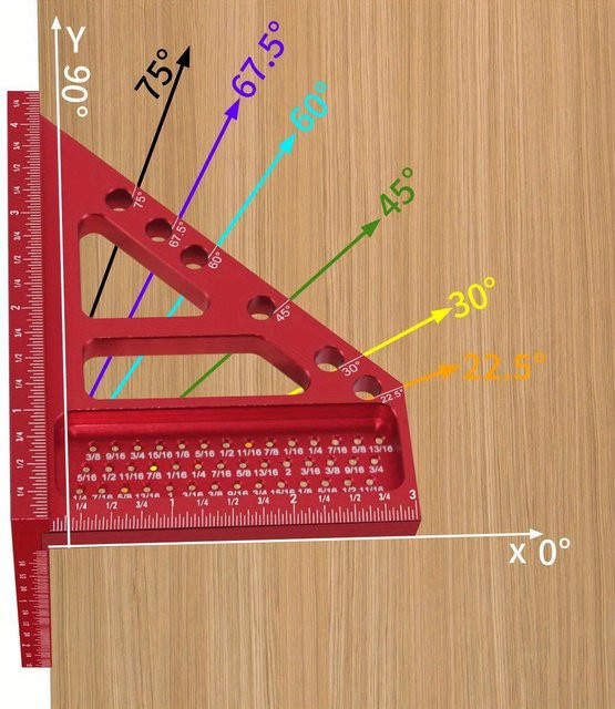 GDART Dreieckslineal aus Aluminiumlegierung in Rot, Holzbearbeitungs-Winkelmesser mit Dübelstiften und Gehrungswinkel-Anreißwerkzeug - Bild 1