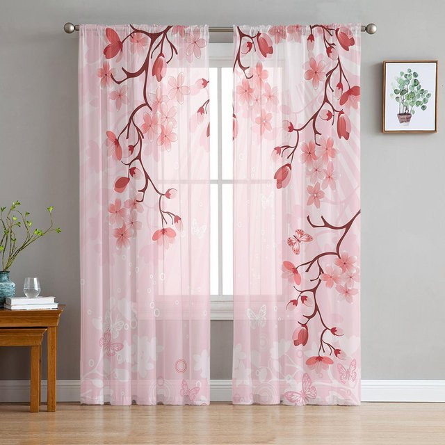 Transparenter Tüll-Vorhang mit rosa Rosenblüten aus Organza für Wohnzimmer, Schlafzimmer und Küche, Breite: 100 cm, Höhe: 250 cm - Bild 1