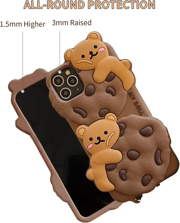 NMEGOU Silikonhülle im Kawaii Cookie Bär Design für iPhone 14 13 12 11 15 Pro Max Plus XS XR X mit Lanyard und Schlüsselanhänger in Braun - Bild 3