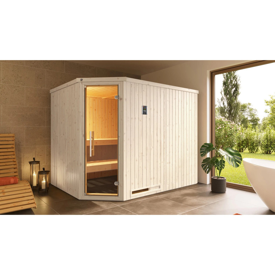Weka Elementsauna Varberg 4 aus Fichtenholz in Braun mit 7,5 kW Ofenset, B/H/T: 244 x 199 x 194 cm - Bild 2