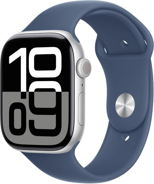 Apple Watch Series 10 Smartwatch mit GPS und Cellular, 46 mm Aluminiumgehäuse in Silber mit Sportarmband in Blau/Silber - Bild 1