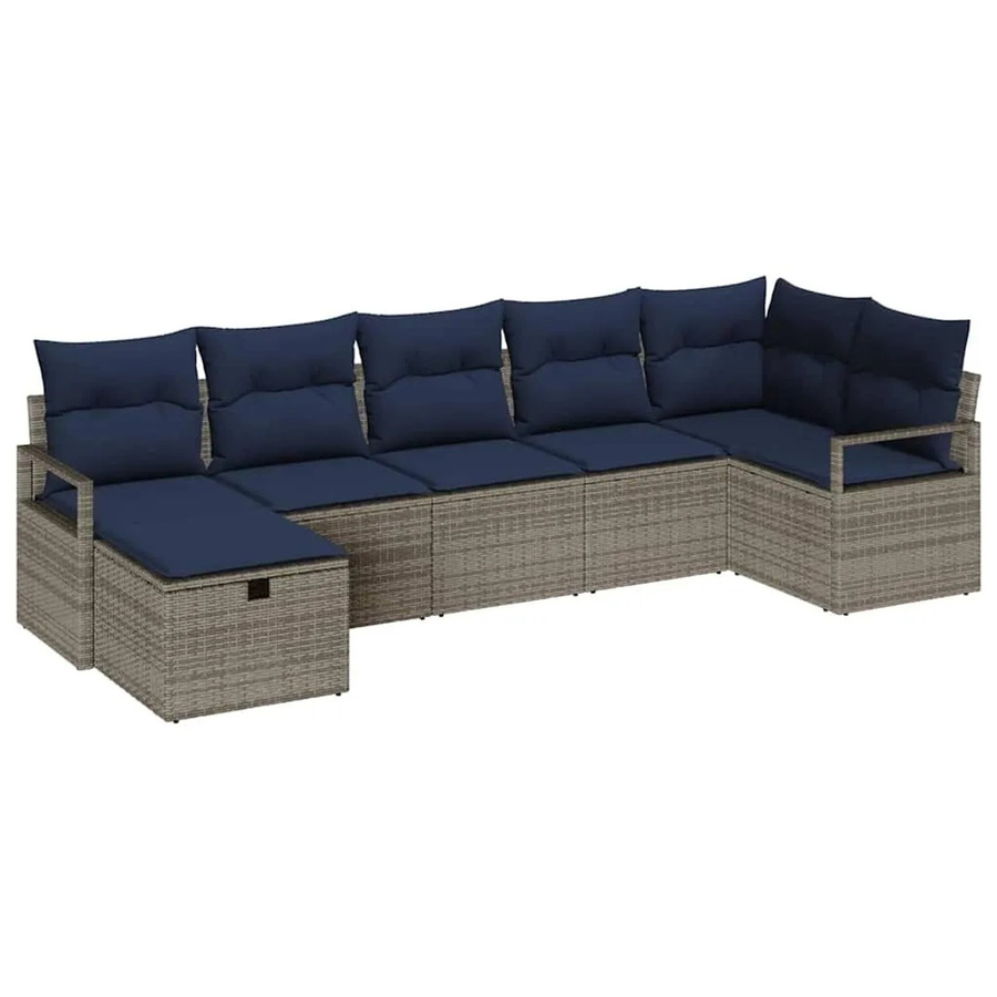 vidaXL Sofa Set aus Poly-Rattan in Grau und Marineblau, 7-teiliges L-Shape Lounge-Set mit Kissen und pulverbeschichtetem Stahlgestell - Bild 2