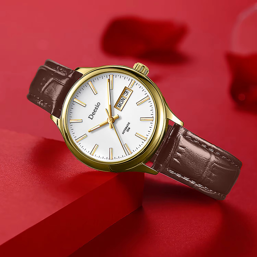 Deesio Armbanduhr Herren, Quarz, Edelstahlgehäuse, Leder, Gold, Datum - Bild 2