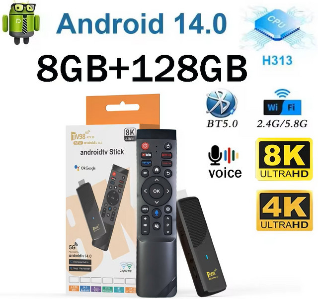 CLIBABIQBOX TV98 ATV X9 Smart TV Stick mit Android 14, 8GB/128GB, Allwinner H313, 8K/4K Unterstützung, WiFi 6, HDR10 und Sprachfernbedienung, Schwarz - Bild 1