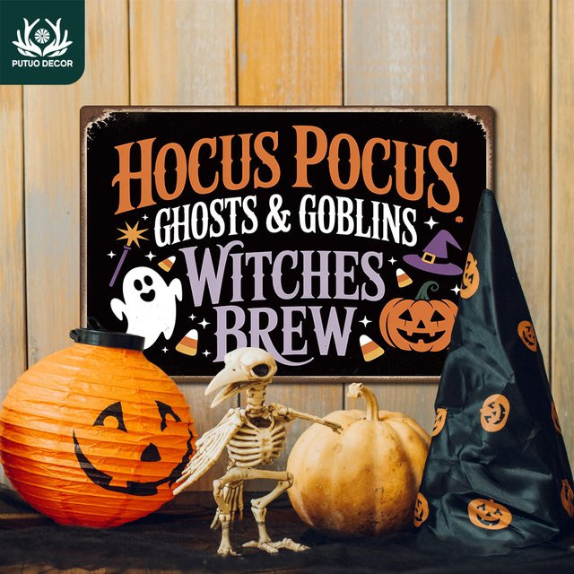 Putuo Decor Vintage-Metallblechschild Hocus Pocus Ghosts & Goblinswitches Wandkunstdekoration für Halloween in Mehrfarbig - Bild 1