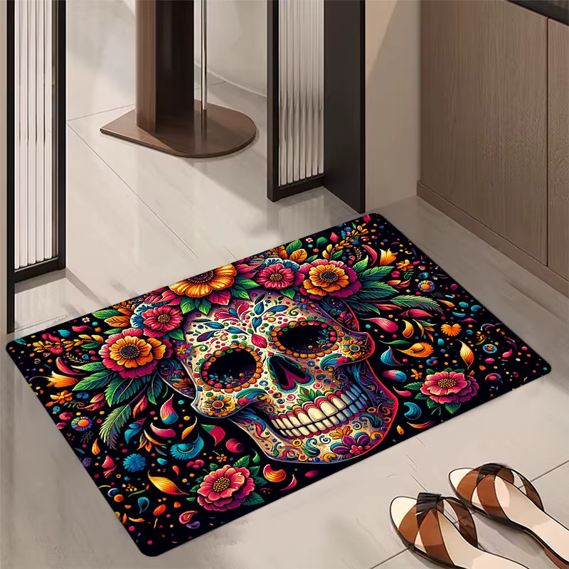 VIKAMA Halloween Totenkopf-Teppich, rutschfeste Bodenmatte im mexikanischen Tag der Totenfest Design, mehrfarbig, B/T: 60 x 40 cm - Bild 4
