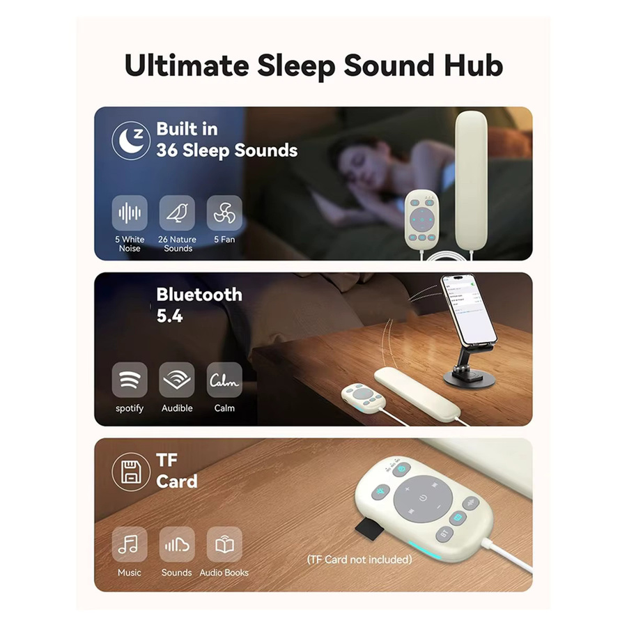 Kissenlautsprecher mit Knochenleitung und Bluetooth 5.4, Schlafkopfhörer mit 36 Schlafgeräuschen und Weißes Rauschen, Beige - Bild 2