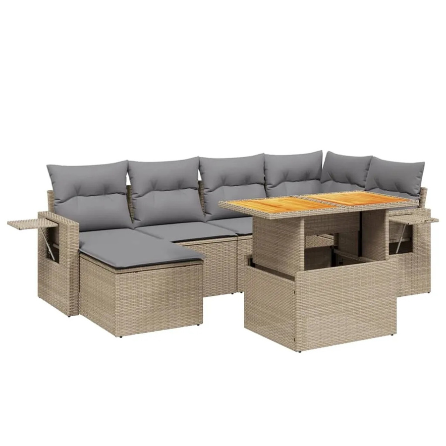 vidaXL 7-tlg Garten-Sofagarnitur in L-Form aus Poly-Rattan und Akazienholz mit beigen Kissen, Beige - Bild 2