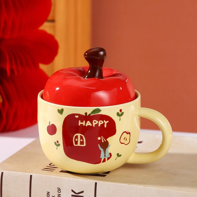 Kreative Apfel-Keramiktasse von Yiran toy 1 mit Deckel, Rot, 360 ml - Bild 1