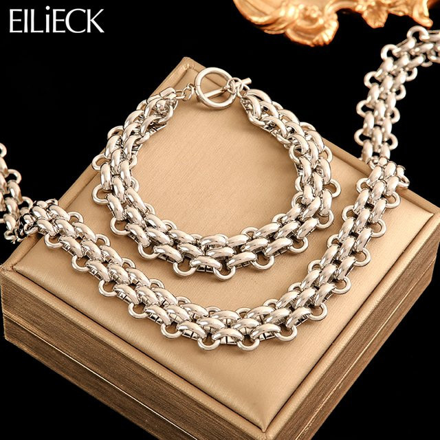 EILIECK Schmuck-Set, Halskette und Armband, Edelstahl, Silber, Damen - Bild 1