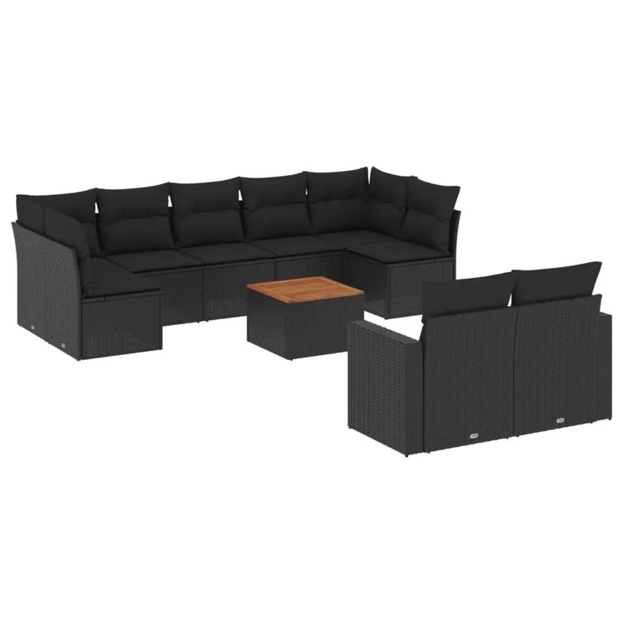 vidaXL 10-tlg. Garten-Sofagarnitur in L-Form aus Polyrattan mit Kissen und Couchtisch, Schwarz - Bild 2