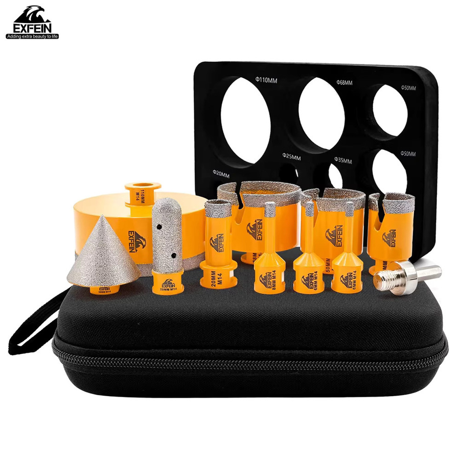 EXFEIN Diamant-Fliesenbohrer-Set, 12-teilig mit Fingerfräser, Fasenbits und Adapter, Durchmesser: 6 mm, 8 mm, 20 mm, 25 mm, 35 mm, 50 mm, 68 mm, 110 mm - Bild 2