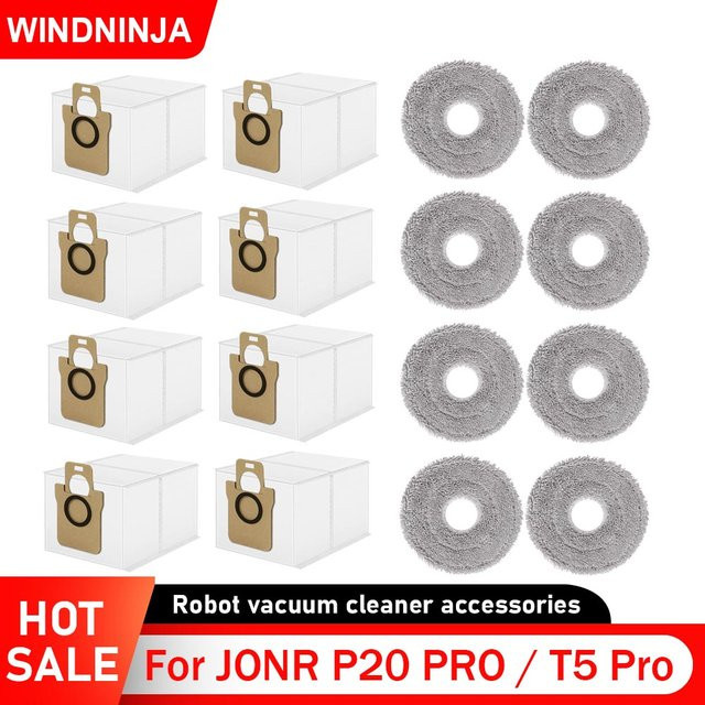 WINDNINJA Ersatzteil-Set für JONR P20 PRO und T5 Pro Roboter Staubsauger mit Staubbeuteln und Mopp-Pads in Weiß - Bild 1