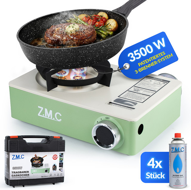 ZMC Campingkocher 3500W 1-flammiger Gaskocher mit Piezozündung inklusive 4 Gaskartuschen à 227g und Koffer in Grün-Weiß - Bild 1