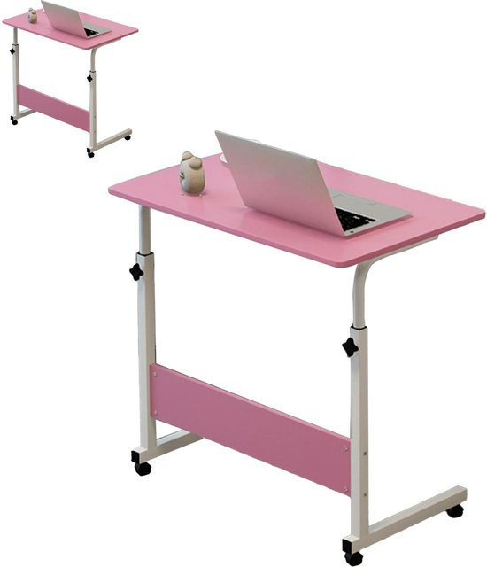 Aimo Anhebbarer Nachttisch in C-Form mit Metallrahmen, Mobiler Laptop-Schreibtisch für Sofa und Bett, Pink, B/T: 60 x 40 cm - Bild 1