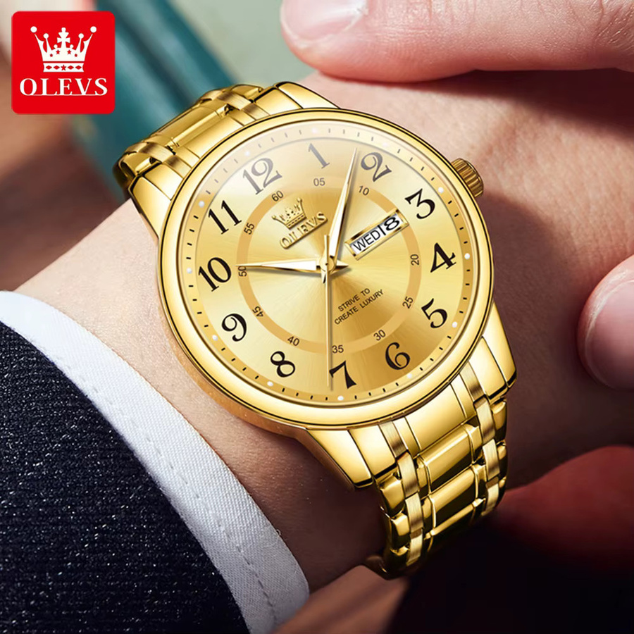 Olevs Armbanduhr Quarz, Edelstahl, Gold, Herren, Dual Kalender Display - Bild 2