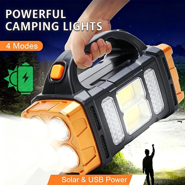 Heinast LED-Taschenlampe mit COB-Licht, USB und Solar, wiederaufladbare Outdoor-Taschenlampe in Schwarz mit Powerbank-Funktion - Bild 1