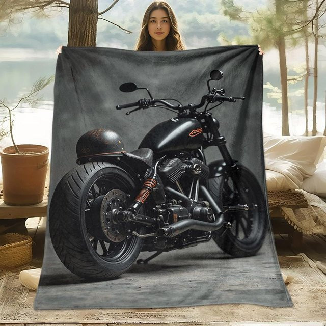 JMG Household Supplies Vintage Motorrad Fleece Decke mit klassischem Bike Druck in Grau, B/B: 130 x 150 cm - Bild 1