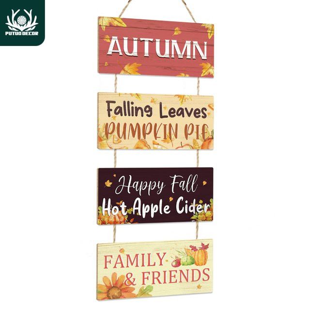 Putuo Decor Holzschild zum Aufhängen mit Herbstmotiven wie fallenden Blättern und Kürbiskuchen für deine Thanksgiving-Dekoration - Bild 1