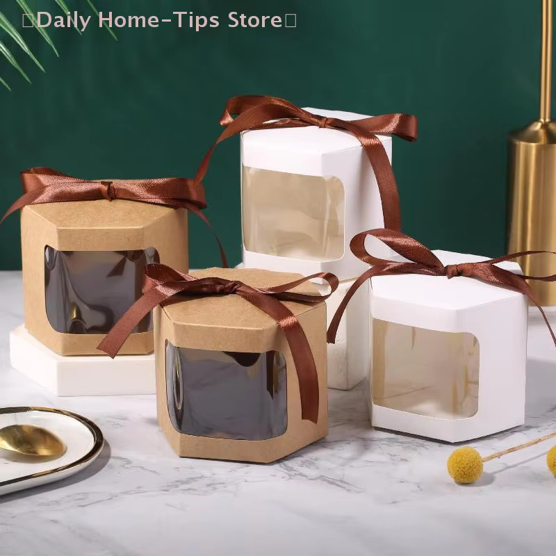 10 Stück sechseckige Kuchenbox-Verpackungen aus Papier mit transparentem PVC-Fenster in Braun für Süßigkeiten und Geburtstagsgeschenke - Bild 2
