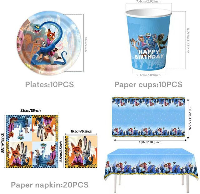 KIDSW Zootopia Partyzubehör Set in Mehrfarbig für Kindergeburtstage mit Banner, Papptellern, Pappbechern, Servietten und Tischdecke - Bild 1